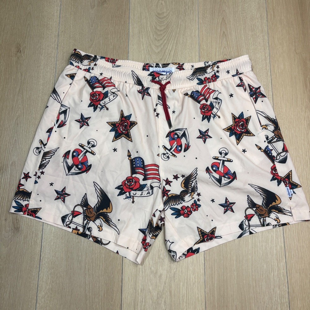 Maamgic Mens Tattoo Print Swim Trunks Cream Eagle Anchor USA Flag Shorts 2XL XXL